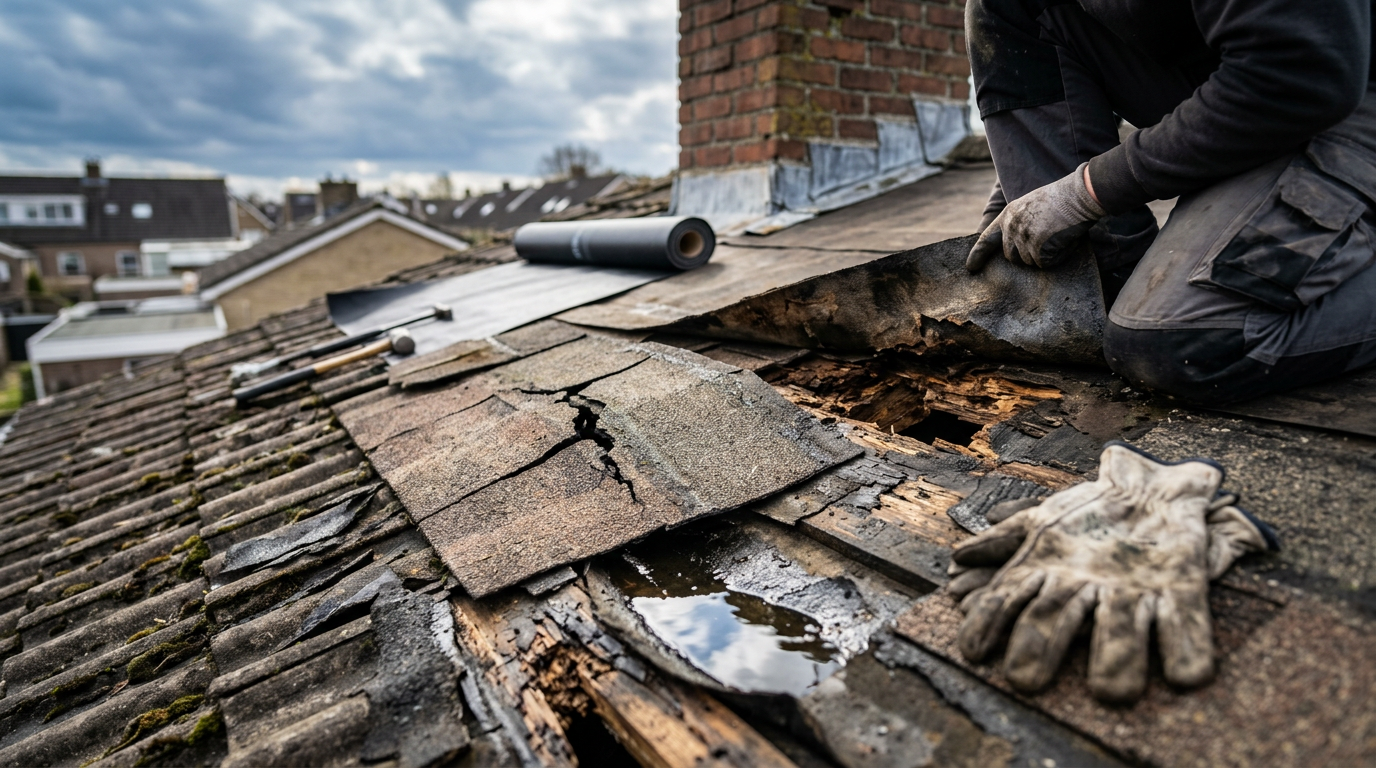 Een vakman van JG Dakreparatie die professioneel dakbedekking vervangen uitvoert bij een woning met slijtage.