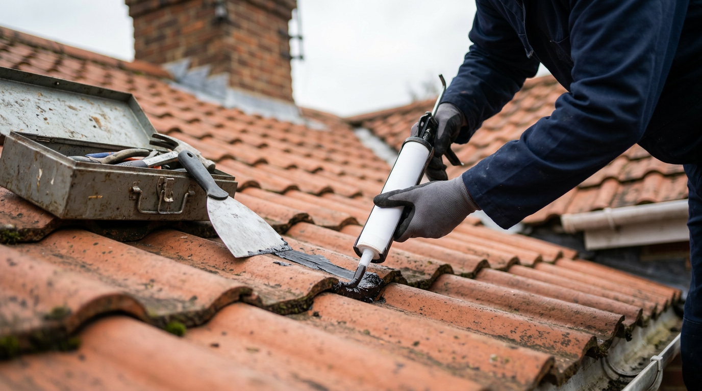 Een vakman van JG Dakreparatie die vakkundig een daklekkage repareren proces uitvoert op een hellend dak.