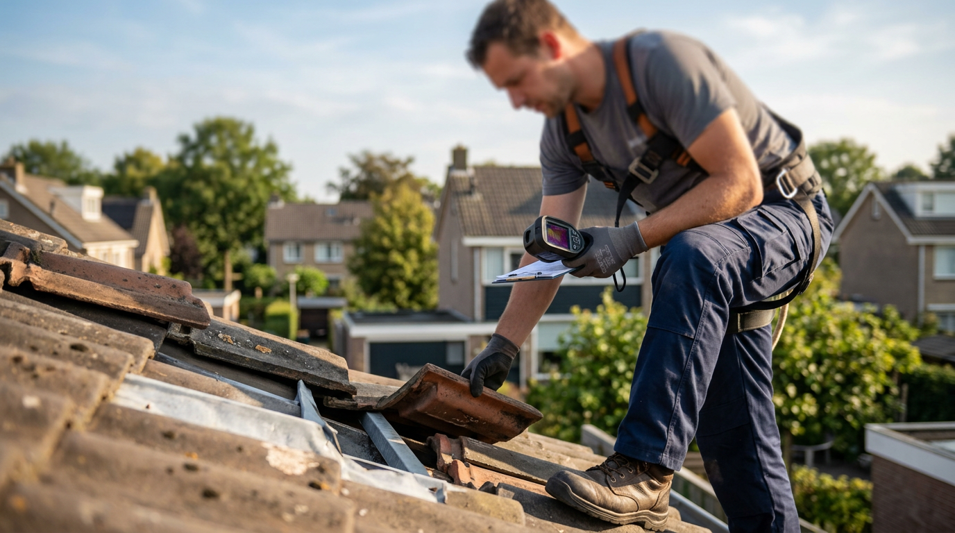 Een deskundige voert een gratis dakinspectie uit bij JG Dakreparatie om de staat van uw dak te controleren.