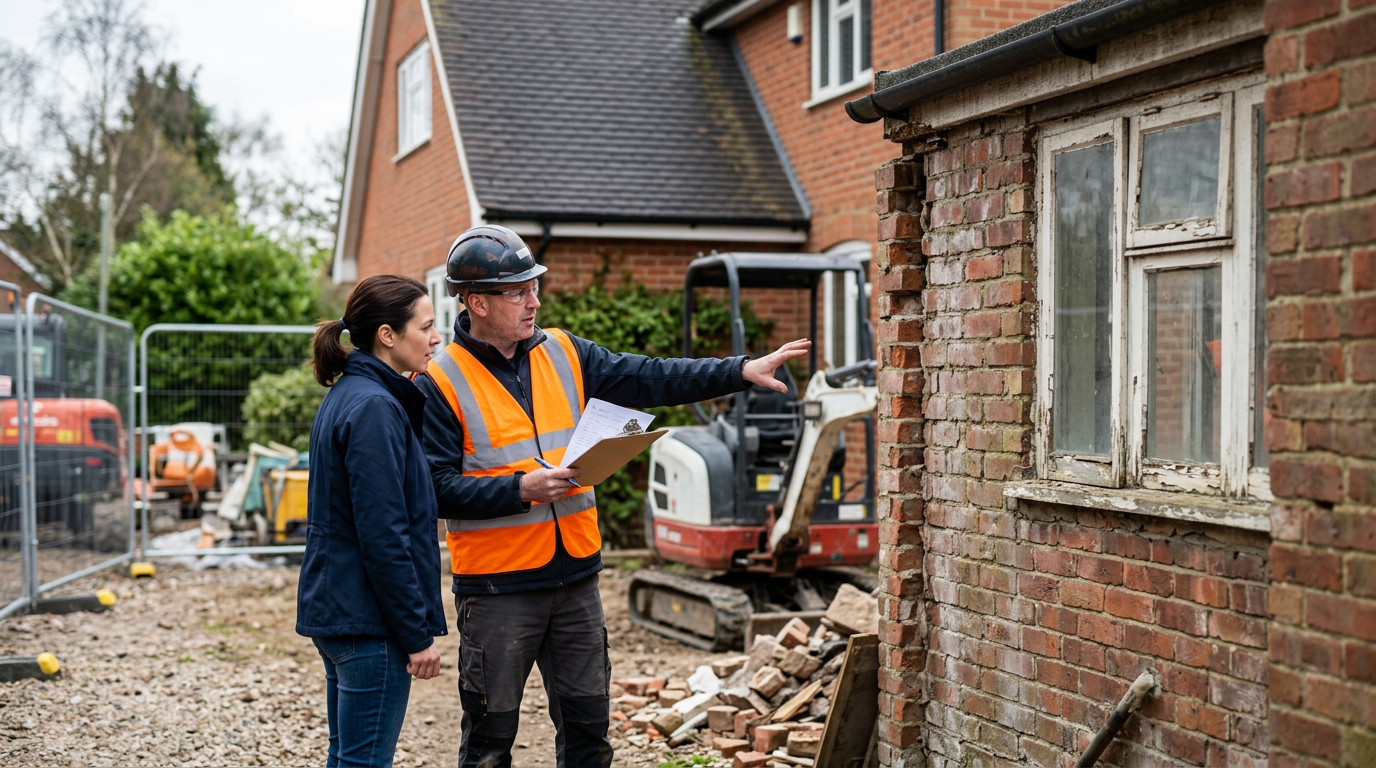 Een vakman van JG Dakreparatie die voorzichtig en veilig een oude aanbouw laat slopen zonder schade aan de woning.