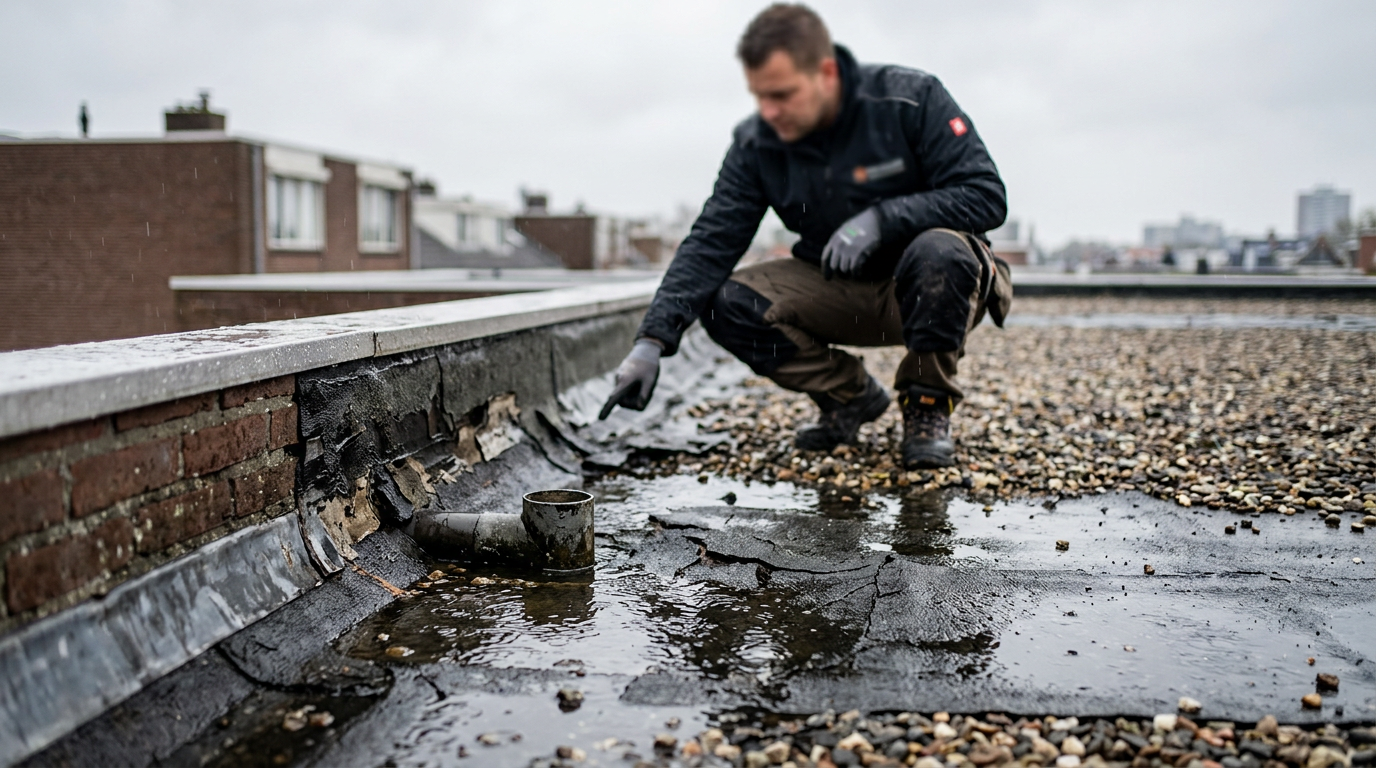 Een vakman van JG Dakreparatie inspecteert een lekkage op een plat dak tijdens een regenbui om te zien waarom het lekt.
