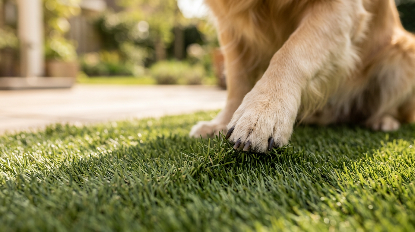 Een hond die op kunstgras speelt: beschadigt hondennagels het kunstgras van De Kunstgraskoning?