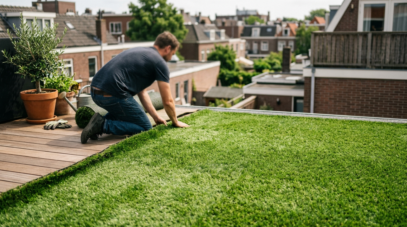 Een sfeervol dakterras ingericht met het beste kunstgras voor balkon en dakterras van De Kunstgraskoning.