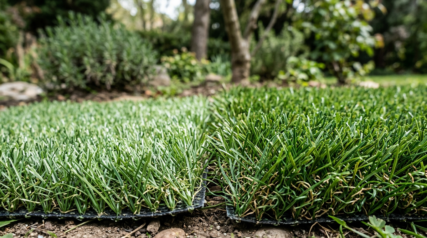 Vergelijking tussen goedkoop kunstgras vs premium kunstgras voor een duurzame tuin bij De Kunstgraskoning.