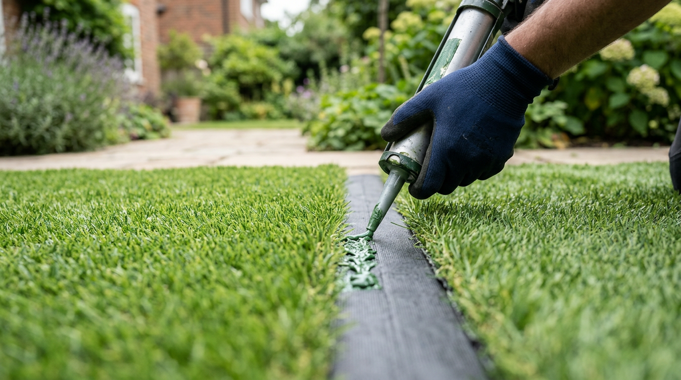 Stapsgewijze instructie over hoe kunstgras naden onzichtbaar lijmen voor een naadloos resultaat in de tuin.