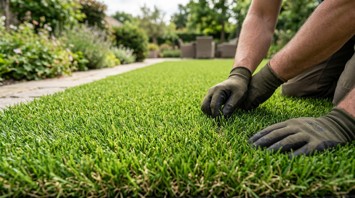 Een close-up van een prachtig aangelegde tuin met premium kunstgras om te zien hoe lang dit materiaal precies meegaat.