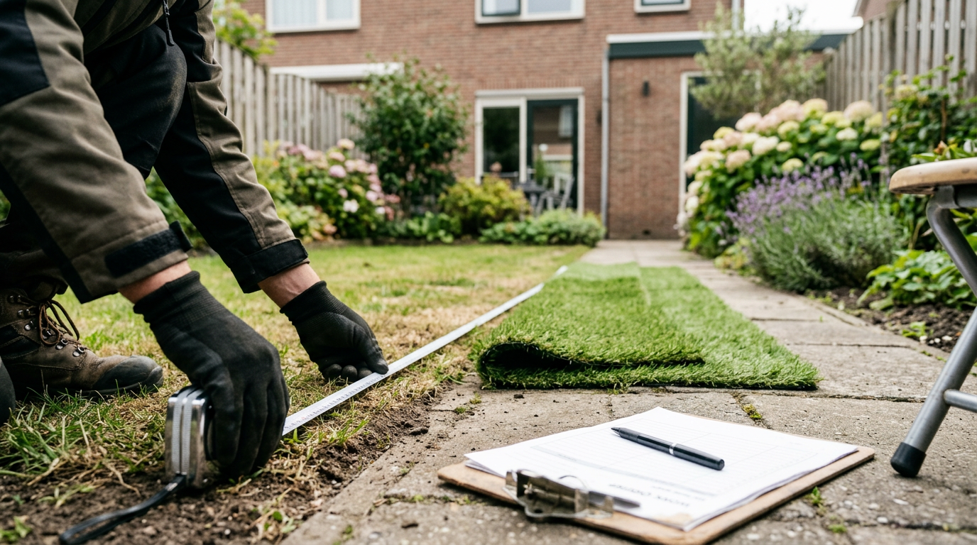 Een medewerker van De Kunstgraskoning voert een nauwkeurige meting uit in een tuin; zo werkt gratis inmeting kunstgras.
