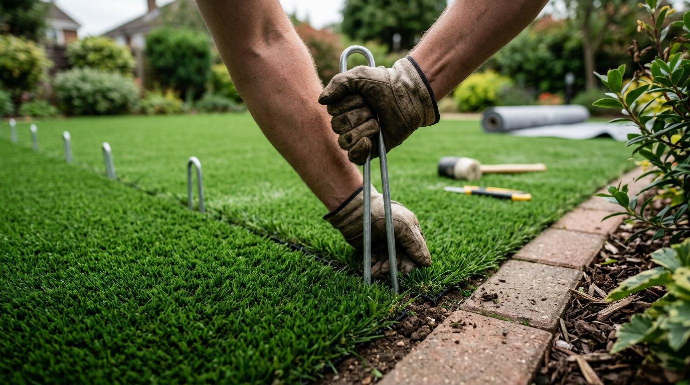 Een medewerker van De Kunstgraskoning laat zien hoeveel kunstgras haken je nodig hebt per meter voor een stevige fixatie.
