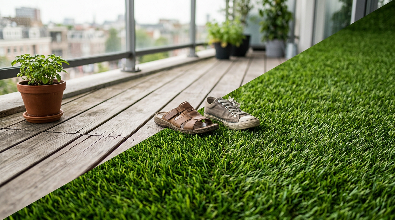 Een sfeervol balkon met een vergelijking tussen houten vlonders vs kunstgras balkon voor de juiste keuze.