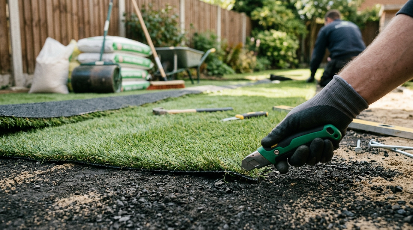Een vergelijking van de kosten voor kunstgras laten leggen vs zelf leggen in de tuin van De Kunstgraskoning.