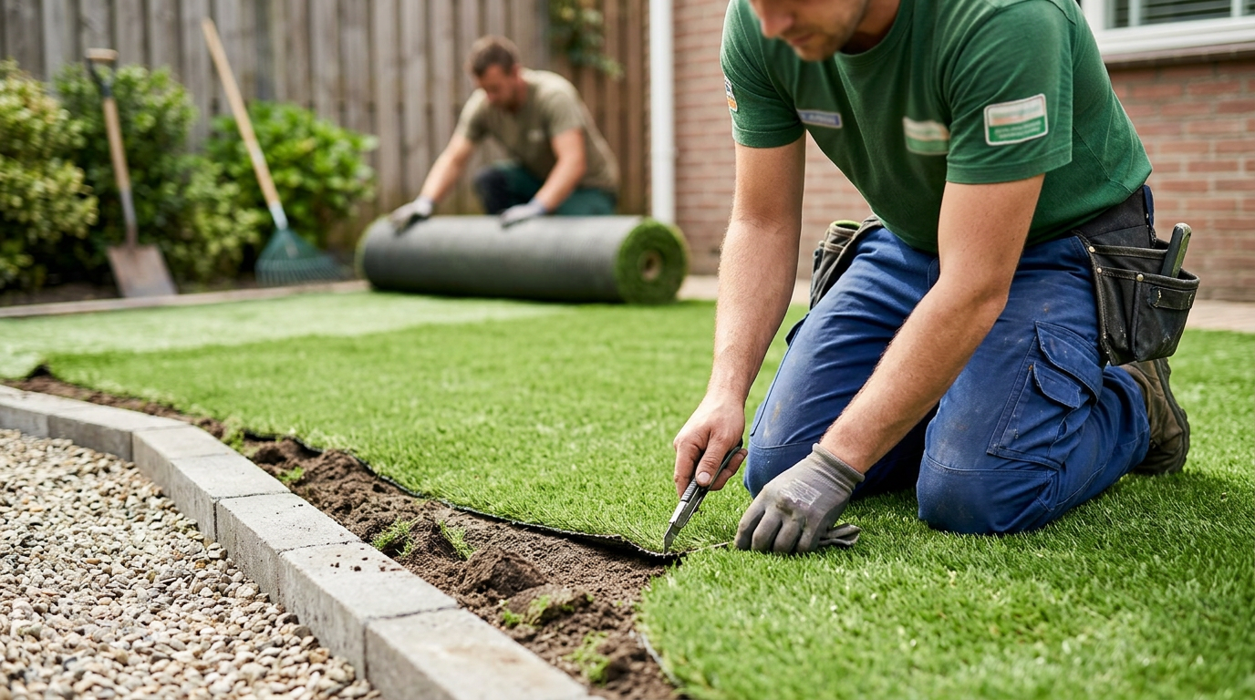 Een prachtig aangelegde tuin met kunstgras met eigen leggers van De Kunstgraskoning voor een strak resultaat.