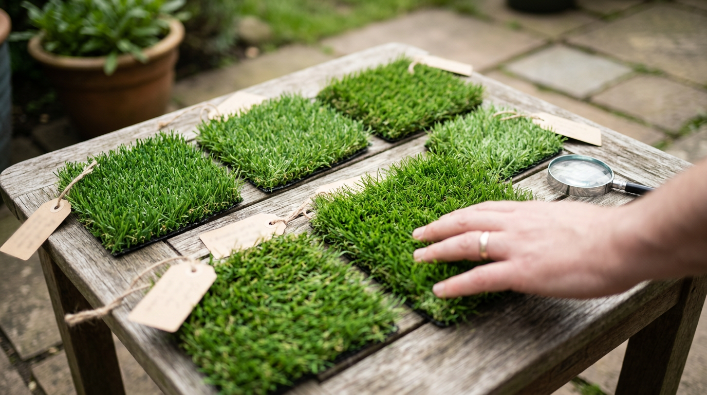Vergelijk verschillende soorten kunstgras stalen thuis om de beste keuze te maken voor jouw tuin.