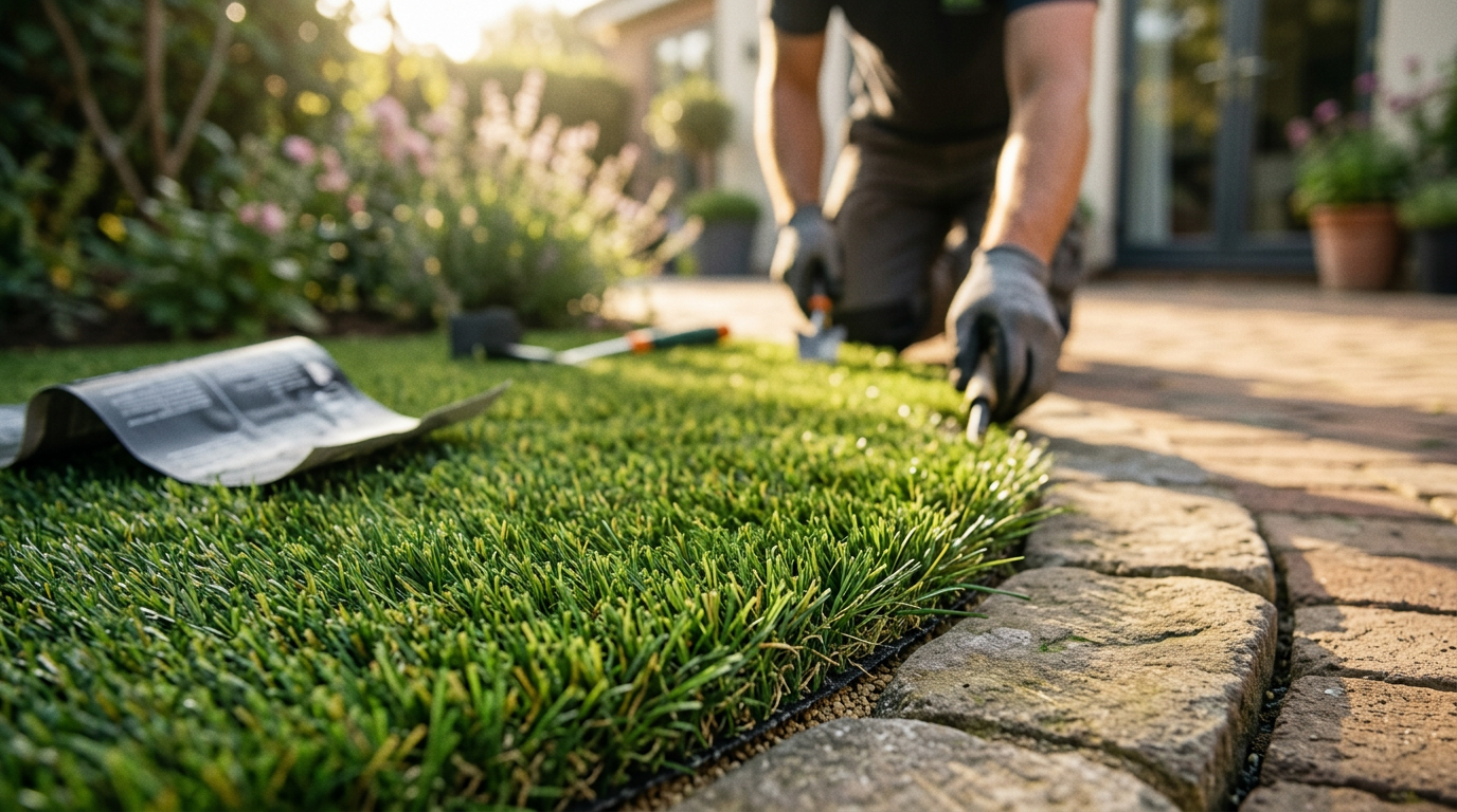 Een tuin met prachtig aangelegd premium kunstgras op maat voor een onderhoudsvrije en luxe uitstraling.