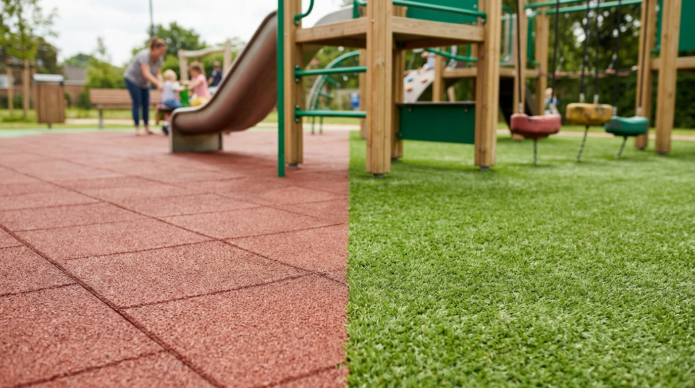 Een kinderspeeltuin met een veilige ondergrond waarbij rubber tegels vs kunstgras speeltuin worden vergeleken.