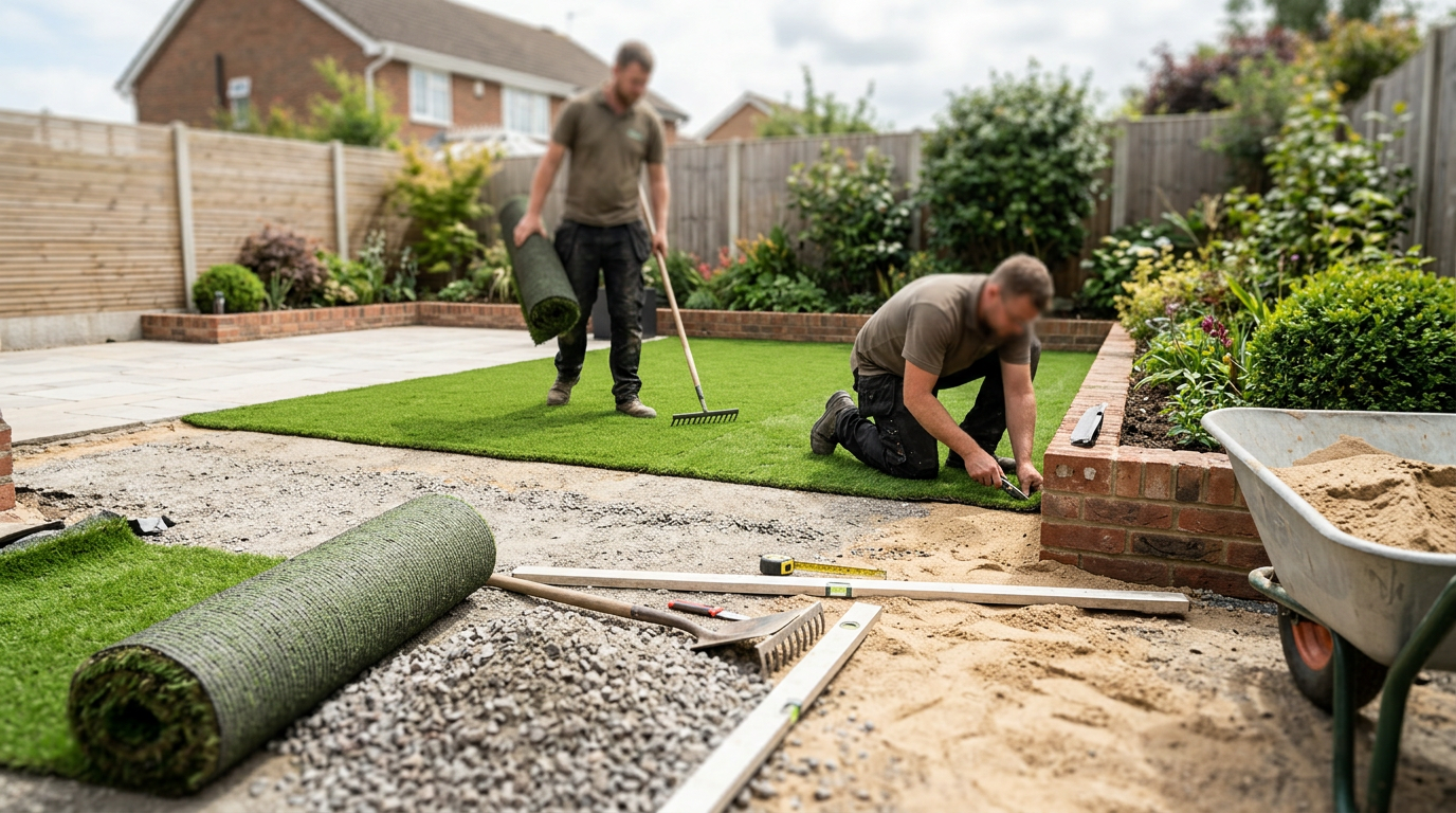 Een hovenier legt professioneel kunstgras aan in een tuin, benieuwd wat kunstgras laten leggen per m2 precies kost?