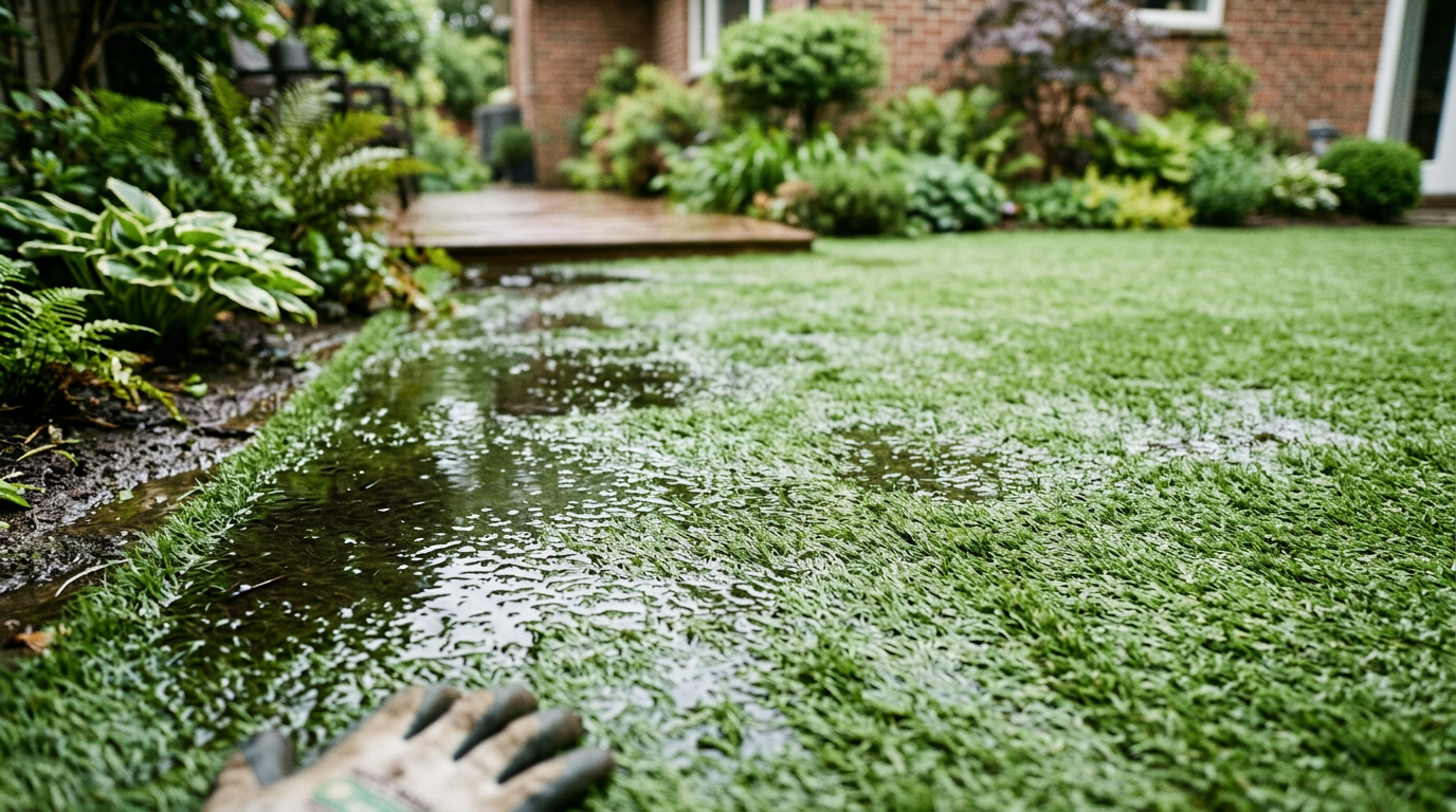 Een stappenplan met 7 checks om te ontdekken wat je kunt doen bij slechte afwatering van je kunstgras in de tuin.