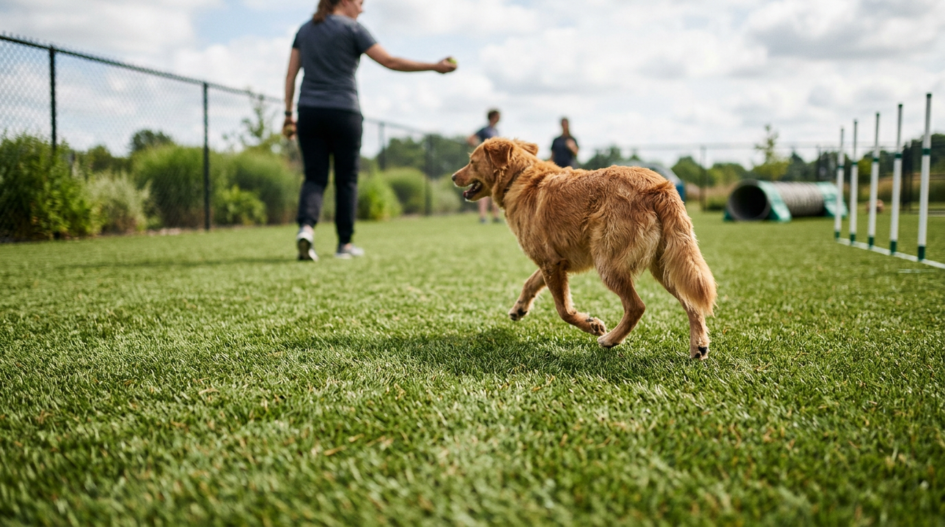 Een hondvriendelijke tuin met kunstgras dat geschikt is voor honden, gelegd door De Kunstgraskoning.