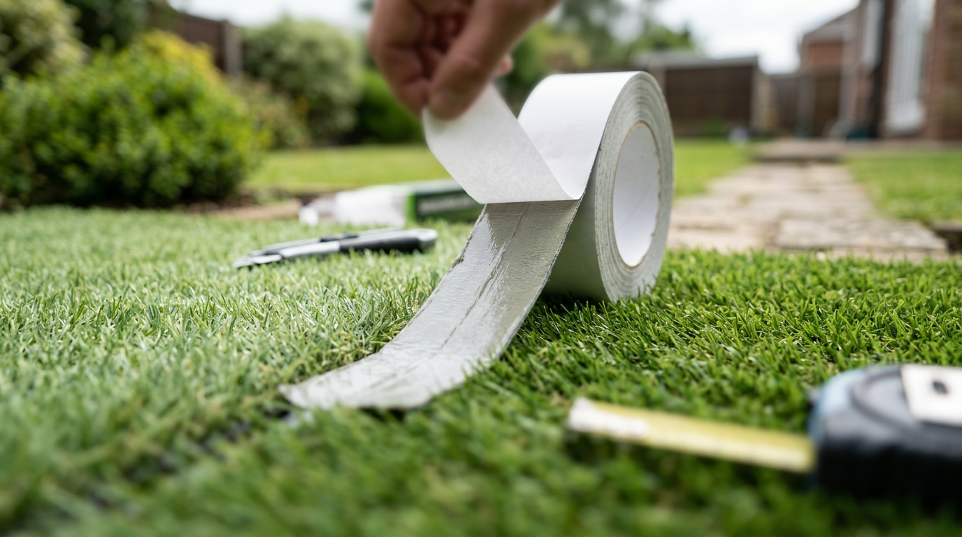 Een rol zelfklevend band voor kunstgras wordt gebruikt om de naden van je gazon naadloos en stevig met elkaar te verbinden.