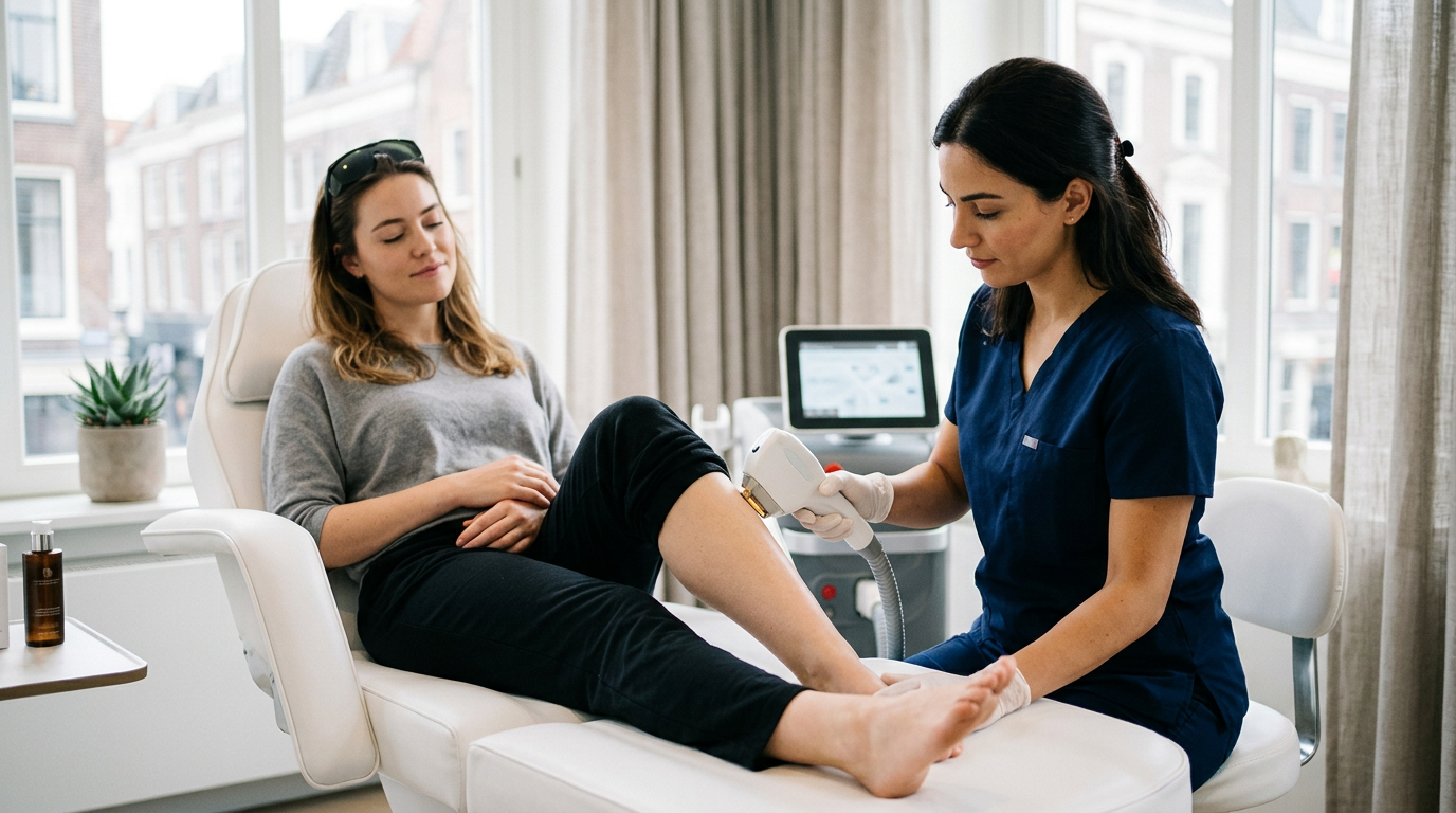 Een cliënt ondergaat een comfortabele en effectieve laserbehandeling in onze kliniek in Utrecht voor een gladde huid.