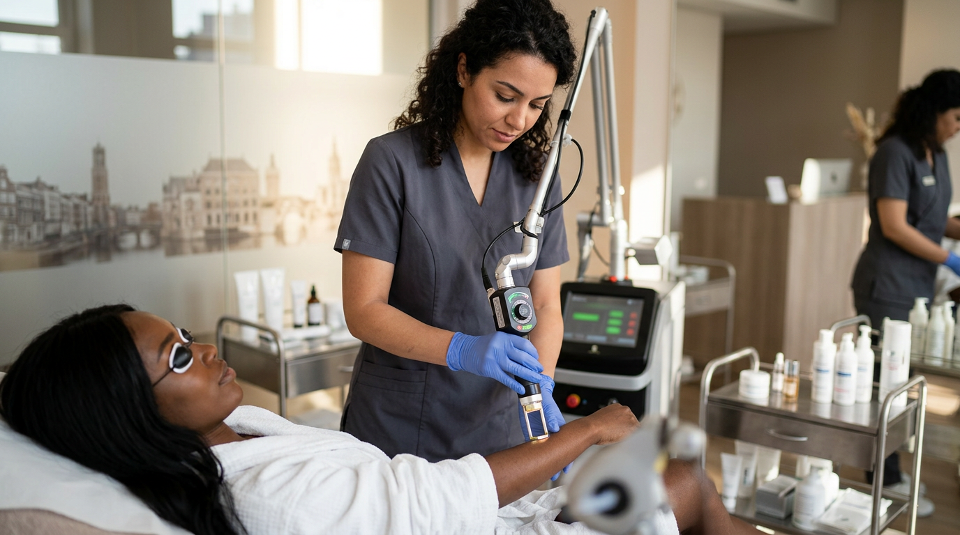 Een specialist voert een veilige laserontharing voor de donkere huid uit in onze kliniek in Utrecht.