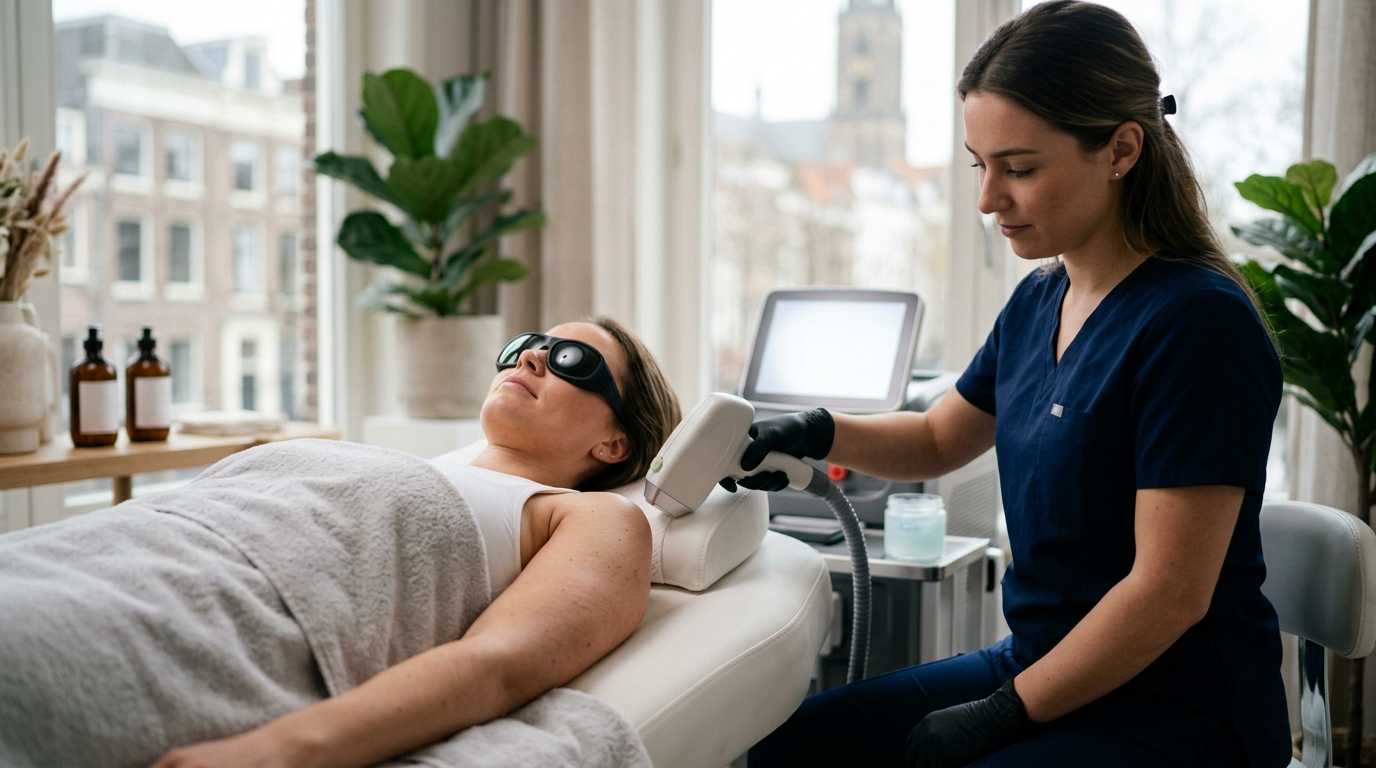 Een specialist voert een veilige laserontharing voor de gevoelige huid uit in een rustige kliniek in Utrecht.