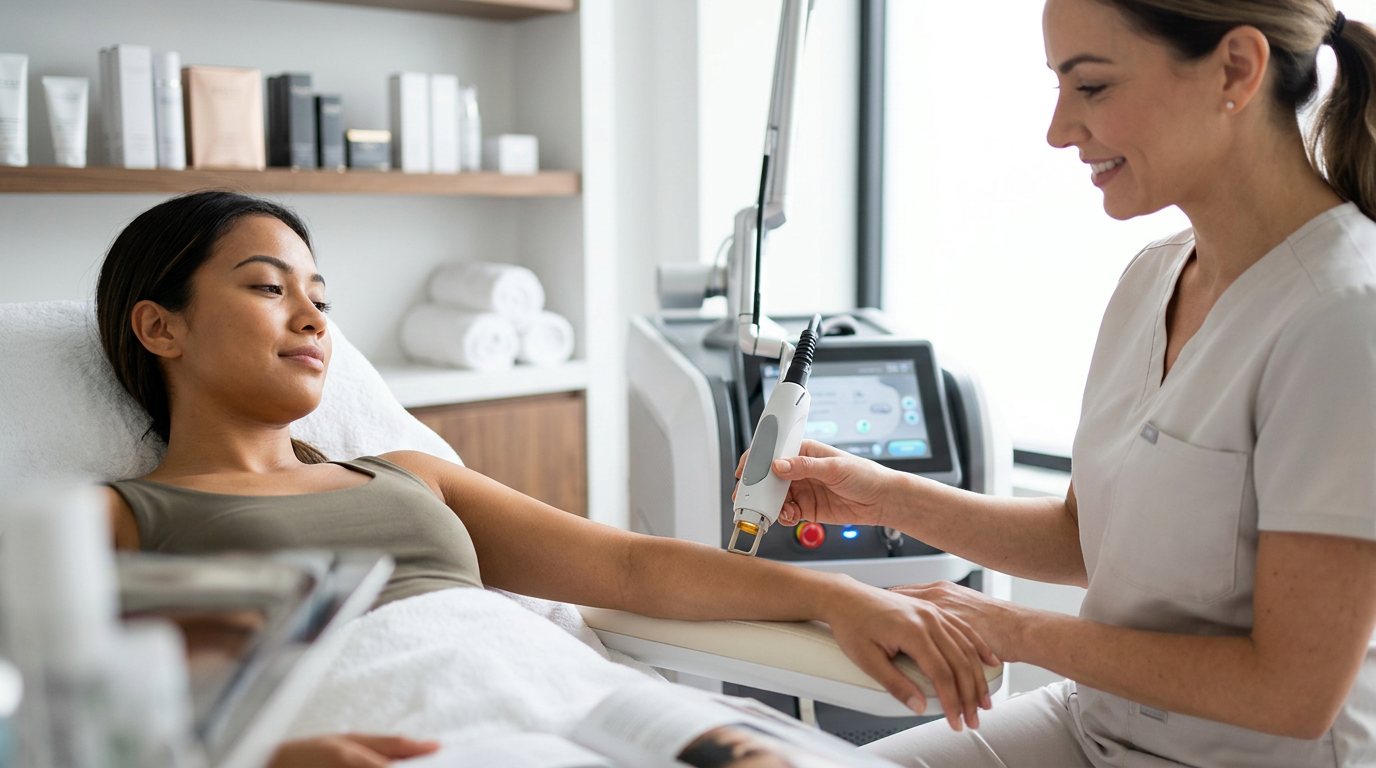 Een specialist voert een veilige behandeling uit voor laserontharing voor alle huidtinten bij Lasermooi.