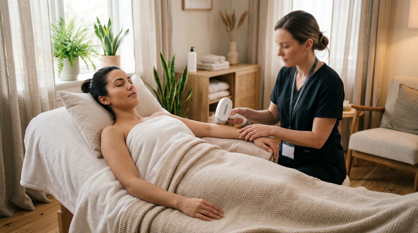 Een ontspannen behandeling in een professionele lasersalon aan huis voor een rustige en persoonlijke ervaring.