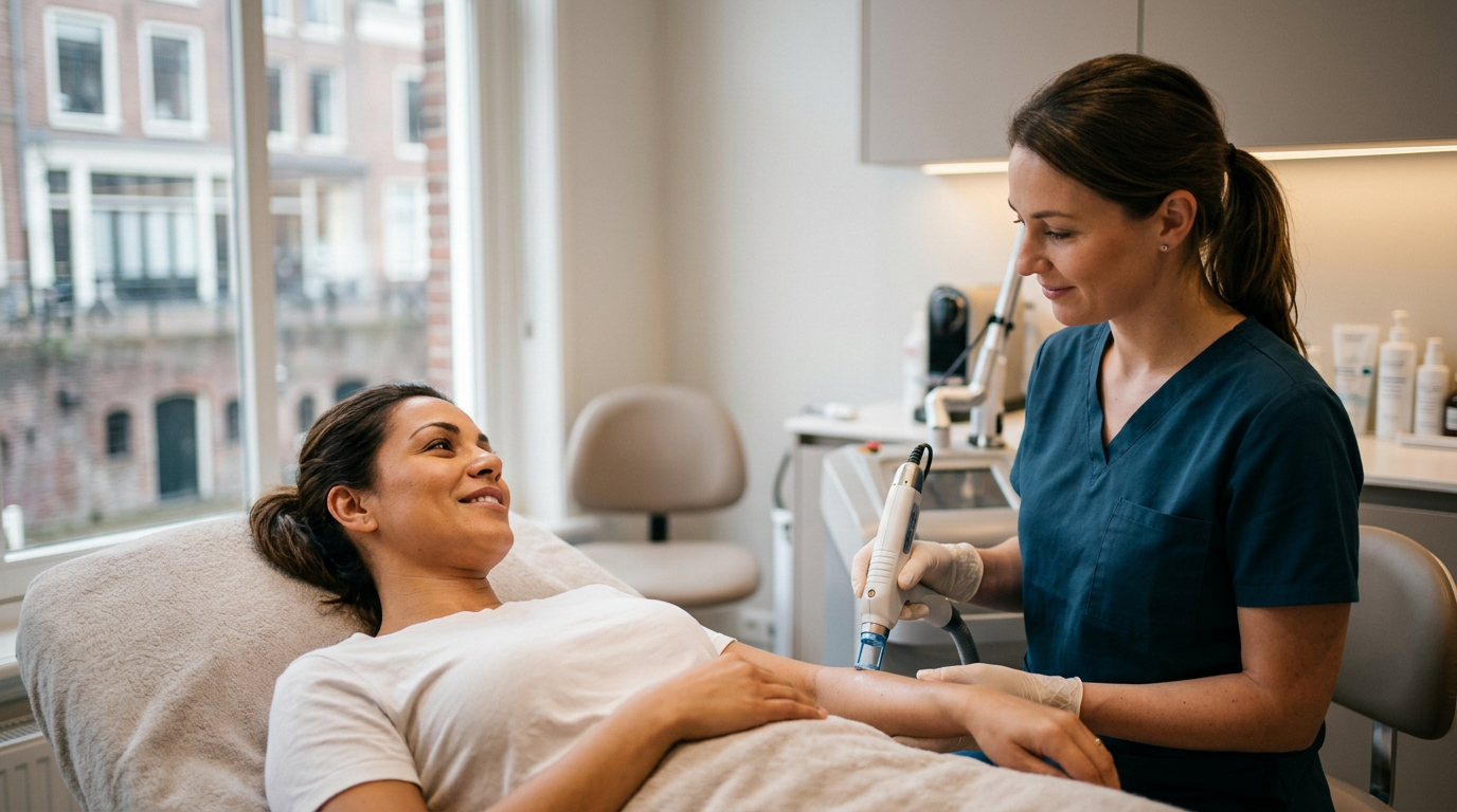 Vrouw die geniet van een gladde huid na een effectieve behandeling tegen last van ongewenste haargroei in Utrecht.